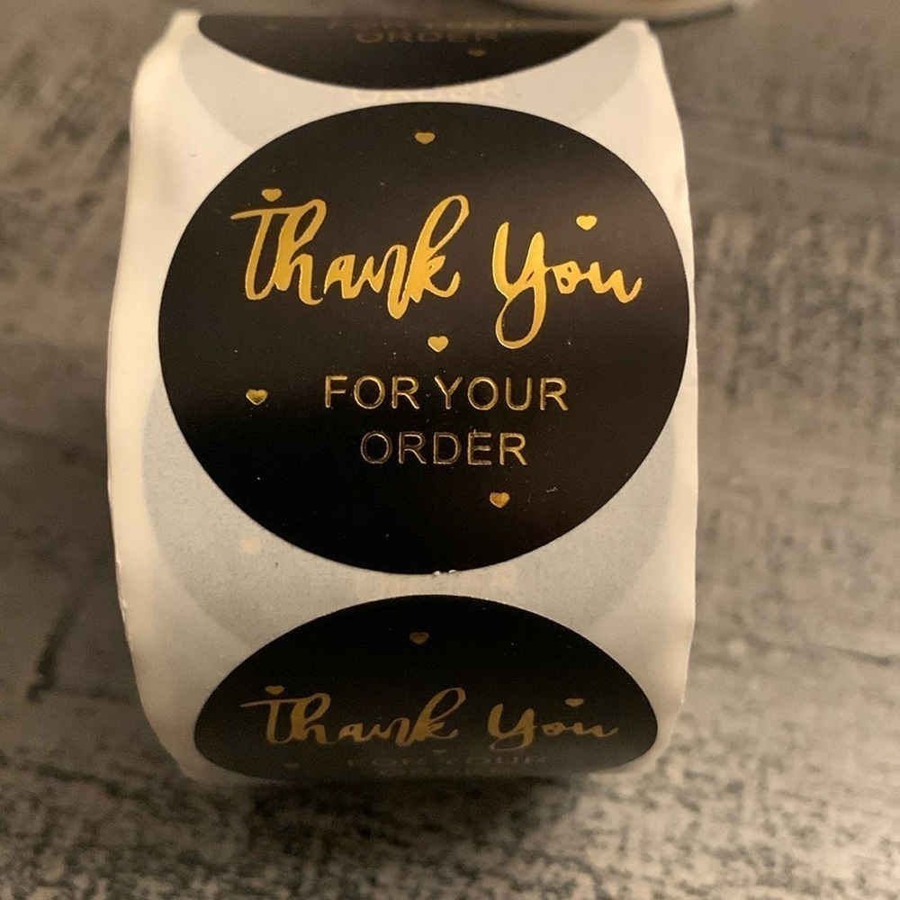 Thank You For Your Order Sticker Label 500 Round 1.5”x1.5” Black & Gold Foil NWT